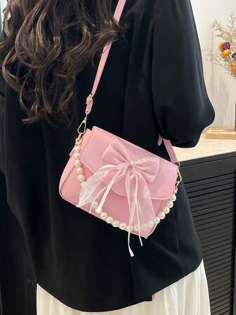 珍珠迷你蝴蝶结手提包，纯色可调节肩带斜挎包（缝线颜色随机）