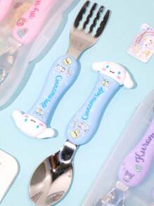 Sanrio 2 pezzi Set di posate Sanrio Hello Kitty, Kuromi, My Melody, Cinnamoroll, in acciaio inossidabile 304, con bacchette, cucchiaio e forchetta a tema cartone animato, set di stoviglie portatile con scatola di immagazzinaggio, articoli scolastici