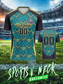 Maßgeschneidertes Sportjersey, Jamaika, atmungsaktiv schnelltrocknend 210g leicht Frühling/Sommer Unisex V-Ausschnitt Sportteam Club Training Fußball-Top, Front/Rückseite Namens- Nummer- Logo-Muster, lässiger, bequemer Sitz für Alltag, Party, Treffen