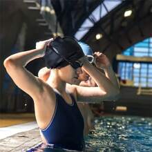 1pc Summer Silicone Black Swimming Cap, For Long Hair, Swimming Accessories Beach Essential