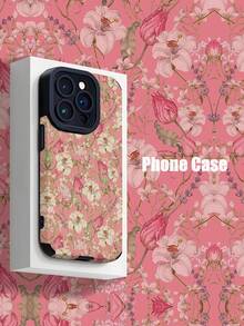 Flower Phone Case 1pc Retro Pink & White Flower Branch Pattern Vertical Striped Faux Leather Shockproof Soft Phone Case Compatible With Apple And Galaxy 15/15 PLUS/15 PRO/15 PRO MAX - Multicolor - View 1