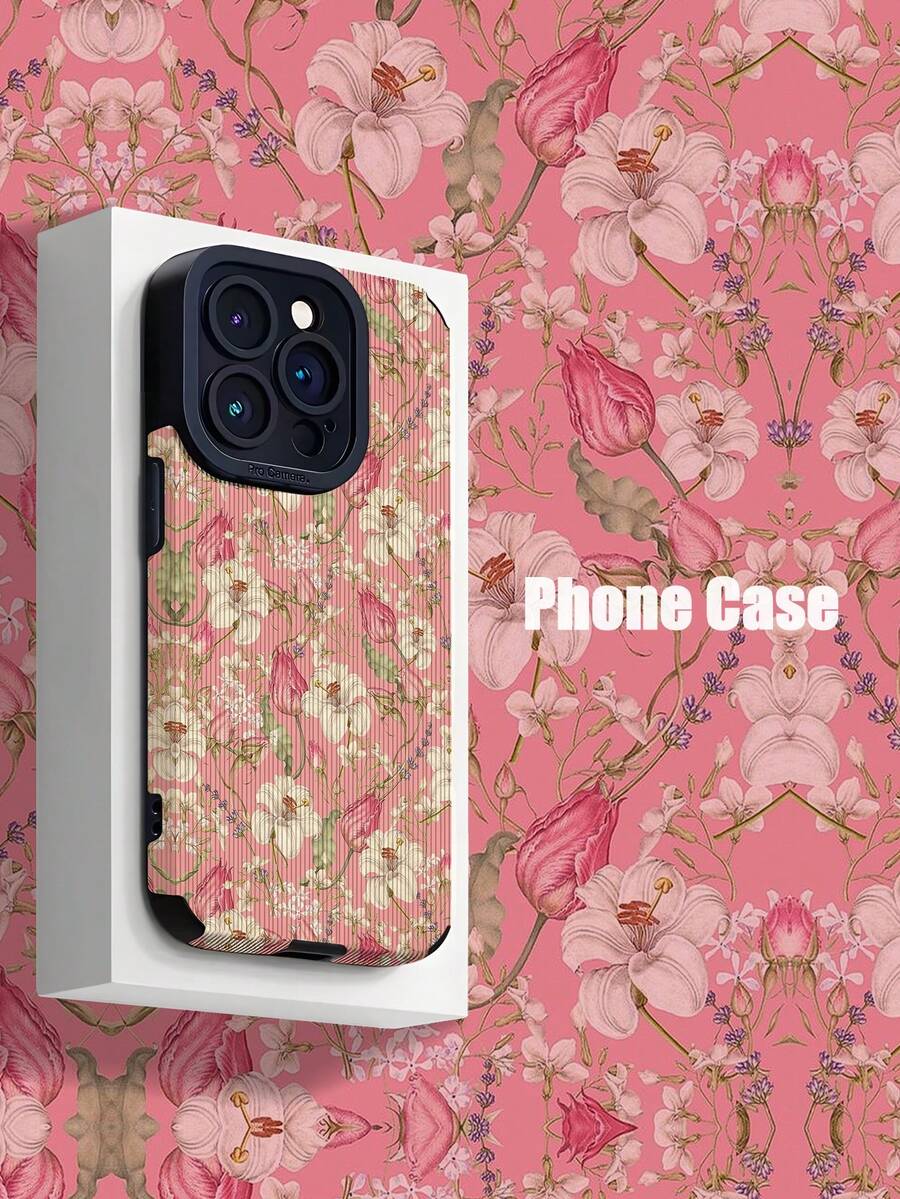 Flower Phone Case 1pc Retro Pink & White Flower Branch Pattern Vertical Striped Faux Leather Shockproof Soft Phone Case Compatible With Apple And Galaxy 15/15 PLUS/15 PRO/15 PRO MAX - Multicolor - View 1