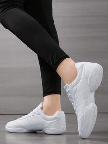 Women Aerobic Fitness Shoes, White Athletic Sneakers, Cheer Training Competition Shoes, Vintage Collegiate Style Classic Flat Casual Sneakers, With PU Perforated Breathable Upper, Fabric Lining, Durable Rubber Outsole, Sports Casual - White - View 2