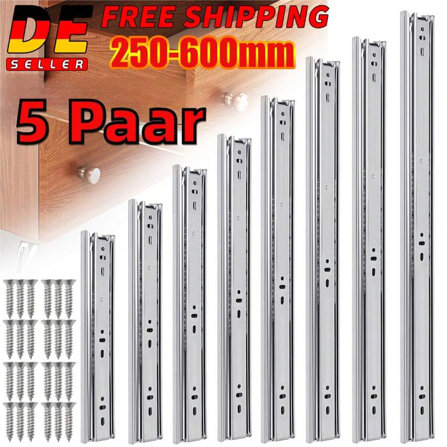 5 Paar/ 10 Stk Schwerlastauszug Schubladenauszug Kugelführung Vollauszug Schienen, Kugelauszug Schubladenschienen 250 mm - 600mm Nut Schubladenauszug - Schienen für Schubladen - Schubladen Schienensystem - Teilauszug Schubladen hochwertig - leicht anzubringen - Silber - Übersicht 1