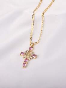 1 套立方氧化锆和圣母玛利亚吊坠项链，配 Fero 链，时尚男女款复古嘻哈吊坠项链，适合日常佩戴或派对，情人节礼物 - Gold and Pink - 查看 10