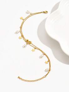 1pc Stylish Double-Layer Rhinestone & Pearl Crescent Star Design Anklet, Versatile Beach Jewelry For Women - Yellow Gold - View 3