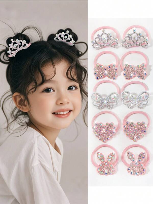 10pcs Cute Rhinestone Rabbit Crown Hair Scrunchies, Elastic Hair Ties, Hair Accessories For Girls, Daily Use