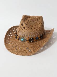 1 件女士夏季锆石装饰链条镂空透气太阳帽，男女通用时尚个性爆款西部牛仔帽遮阳帽，适合海滩旅行，日常防晒 - 禮帽 - 查看 19