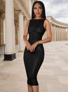 Vestido sin mangas con espalda descubierta, de lentejuelas, con abertura alta y sensual, vestido de fiesta y coctel