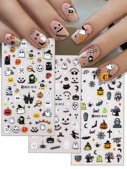 3 Pcs/Set Of Nail Art Stickers, Halloween Pattern Nail Decal, Face Stickers, Self-Adhesive DIY Nail Decoration Stickers, Suitable For Decorating Nails, Faces And Other Crafts