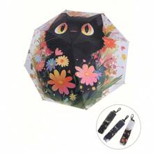 Cute Cat Pattern Folding Manual Umbrella - Reinforced 8 Steel Frame, UV Protection, Compact Folding Design, Durable 190T Vinyl Fabric And Ergonomic Rubber Handle, Recreational Rain Gear | Folding Umbrella | Durable Vinyl Umbrella, Outdoor Umbrella Summer Cooling,Beach,Travel