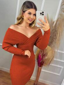 Elegant Modal Dress Women Long Sleeve Off Shoulder Winter Fashion Casual Solid Color Dresses - Gỗ đỏ - Xem 1