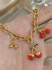 1Pc Golden Sweet & Edgy Cherry Charm Bracelet With Enamel Leaves For Women Girls, 18K Gold Plated Stainless Steel Stackable Chunky Chain, Mom Gift Christmas Thanksgiving Halloween Wedding Rave/Prom/Party/Daily Accessories Gift For Anniversary Valentine's Day Boho Jewelry Birthday Bridesmaid Gifts