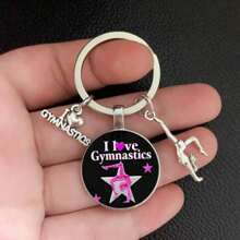 1pc I Love Gymnastics Glass Keychain Key Ring, Metal Key Chain For Men & Women, Sports Themed Gift School Letter Car Accessories Cute Goth Y2k