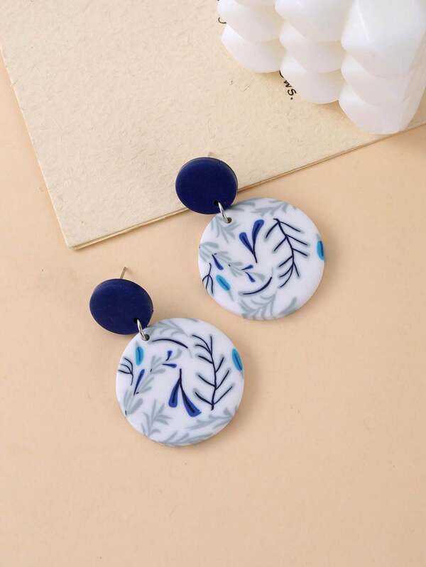 1 Pair Handmade Natural Blue & White Leaf Pattern Soft Clay Earrings, Unique Fashion Accessories Suitable For Parties, Outdoor Activities And Daily Outfits