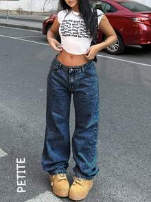 PETITE 女士休闲水洗阔腿牛仔裤，适合日常穿着 - 深色水洗藍 - 查看 2