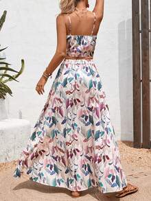 2 件套细肩带上衣 + 宽松长裙开衫，花卉和叶子印花波西米亚优雅性感休闲可爱派对装，荷叶边系腰秋季连衣裙，海滩婚礼花园拍摄夏季假期宽松高腰长裙