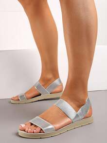 Sporty Style Sandals With Elastic Straps - Silver - View 2