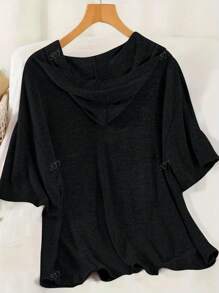 2pcs/Set Casual Solid Color Knit Fabric V-Neck Drawstring Waist Top & Shorts Set For Women, Summer Outfit Includes Short Sleeve Hoodie With Ribbed Hem Matching Stretch Shorts, Suitable For Spring/Summer/Autumn Sporty & Leisure Daily Wear