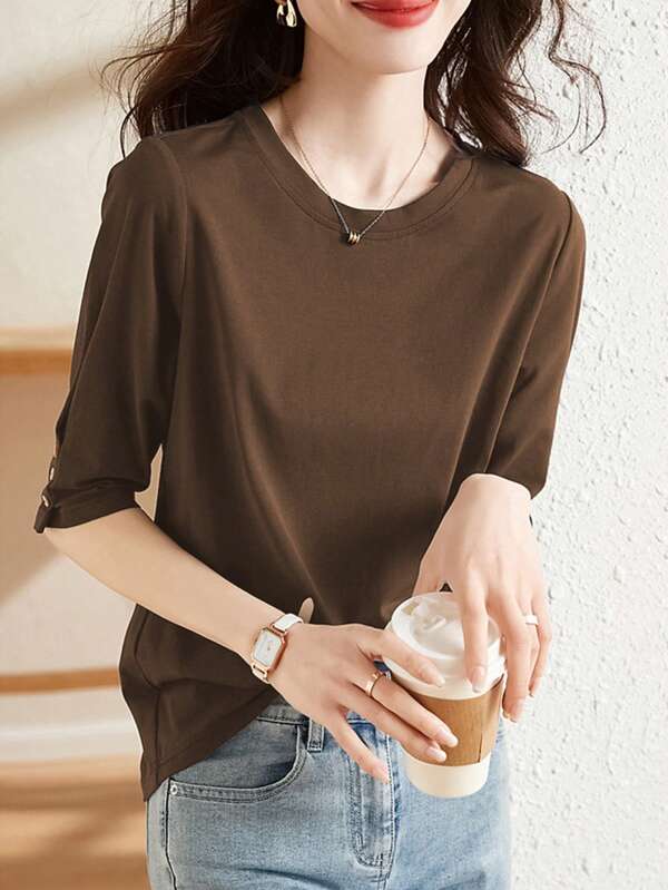 Top casual con botones como decoración, de media manga. Nueva camiseta de verano versátil de cuello redondo y manga 3/4, escote ceñido para mujer