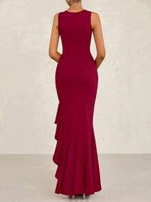 Women's Summer Elegant Slim Dress Sleeveless Peplum Mermaid Cocktail Wedding Guest Formal Dress - 酒紅色 - 查看 2