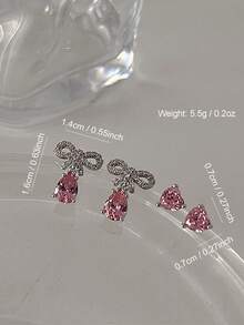 4件套粉色水晶吊坠耳环，女士时尚蝴蝶结耳环，新娘婚礼派对首饰，送给闺蜜、女友、妻子的礼物，优雅高贵。情人节配饰 - 粉色 - 查看 6