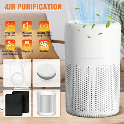 Air Purifier For Home With USB-C Cable, Small Air Purifier, 3-Stage Filtration System And Quiet Air Cleaner For Smokers Pollen Pets Dust Office