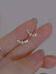 1pair S925 Sterling Silver Wheat Bud Stud Earrings, Women Crescent Moon Simple & Delicate Crystal Earrings, Versatile Daily Wear, Gift - Wheat Ears - View 6