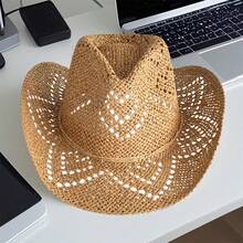 Women Men Summer Straw Hat Hollow-Out Bucket Hats Sun Beach Holiday Sun Cap Cowgirl Hat - 卡其色 - 查看 1