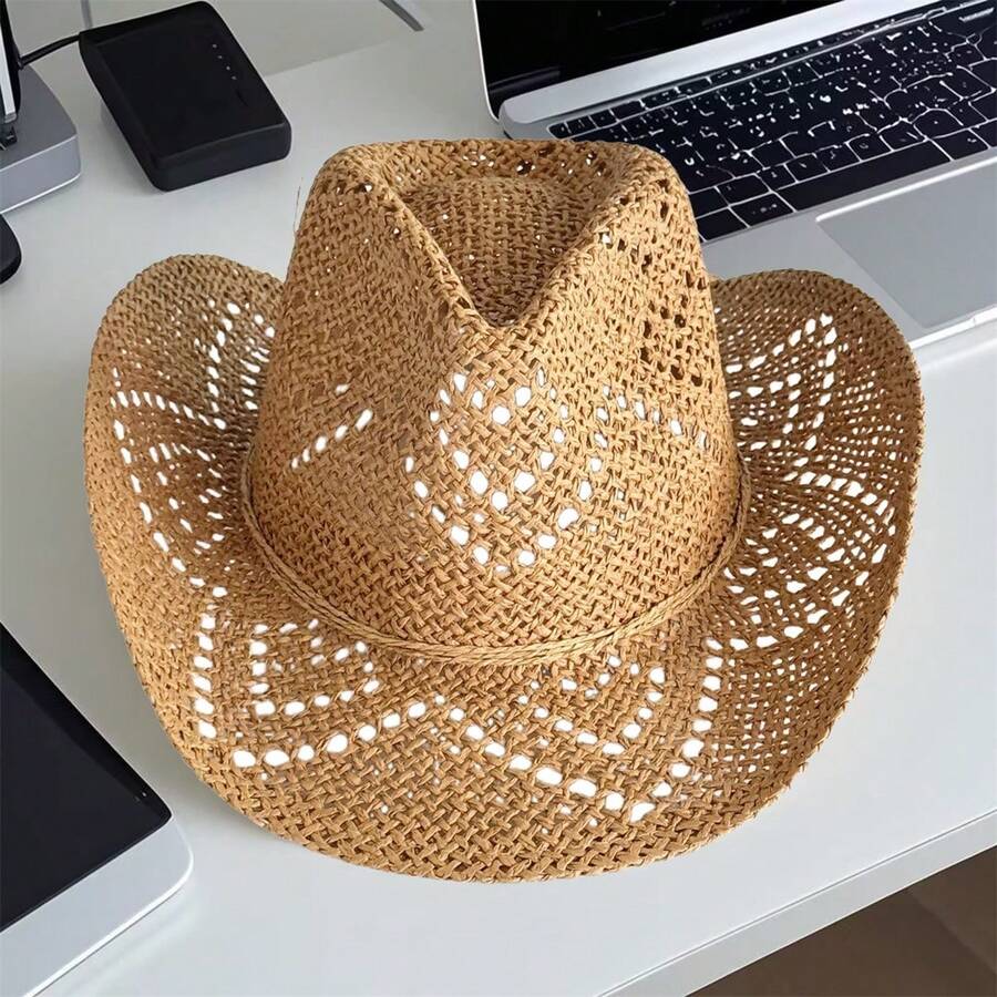 Women Men Summer Straw Hat Hollow-Out Bucket Hats Sun Beach Holiday Sun Cap Cowgirl Hat - 卡其色 - 查看 1