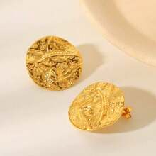 Minimalist Stainless Steel Asymmetrical Round Stud Earrings, Fashionable And Elegant For Women - Yellow Gold - View 13