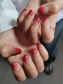 24 uñas postizas ovaladas cortas en degradado de rojo vino, con 1 lima de uñas y 1 frasco de gel de gelatina, suministros para manicura de aplicación a presión - Burdeos - Ver 5