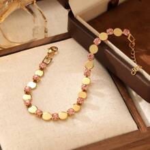 Pulseira elíptica de aço inoxidável 18K com pedra de zircônia para mulheres, design minimalista e luxuoso, leve, adequada para festas, encontros e trajes de escritório