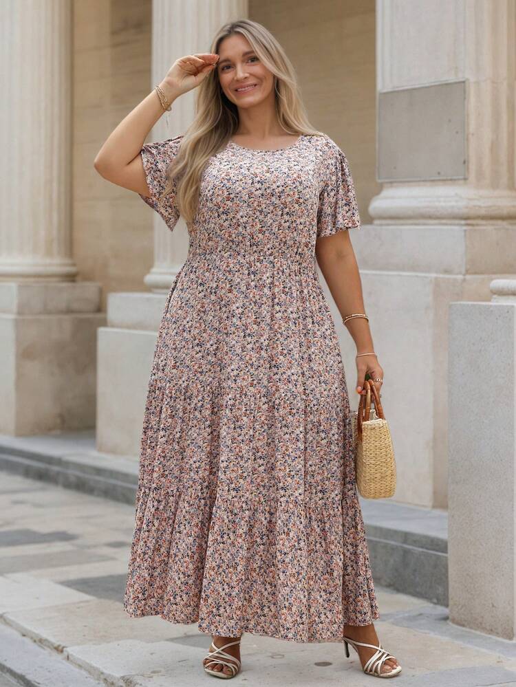 Nemidor Plus Size Ditsy Floral Ruffle Hem Bohemian Style Summer Dress Elegant Casual