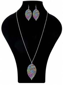 TopHanqi 3pcs Vintage Boho Style Earrings & Necklace Set, Hollow Colorful Leaf-Vein Pendant, Suitable For Women Daily, Work, Travel And Vacation, All Seasons