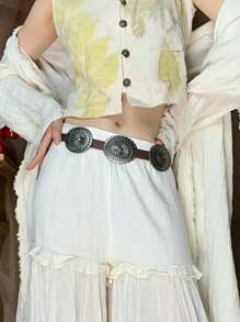 Vintage Cowgirl Punk Style Women's Embossed Metal Decorated Leather Belt, Fashionable Y2K