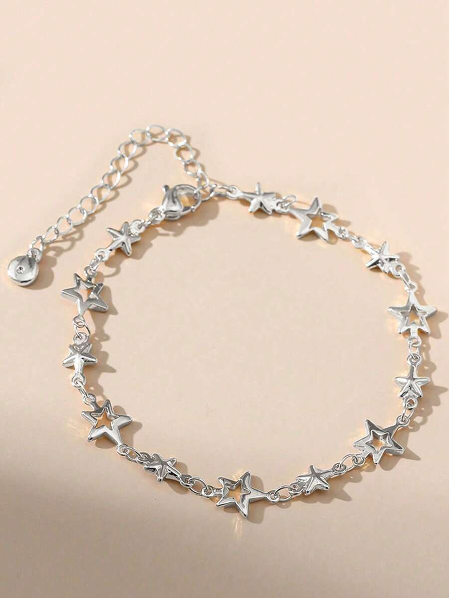 不锈钢金属空心星形链手链男女款金色银色五角星形吊坠手链珠宝礼物 - 銀色 - 查看 1