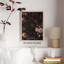A Painting With The Theme Of Dew Drops On A Spider Web And Pink Roses, Depicting A Dark Plant Garden, A Dark Cottage-Style Forest, And A Dark Floral Forest, Suitable For Home Decor, Living Room, Bedroom, Cafe, Office And Other Spaces. This Unframed Canvas Painting Is The Perfect Choice For Room Decoration, And Also Suitable For Home And Office Decoration. - Multicolor - View 13