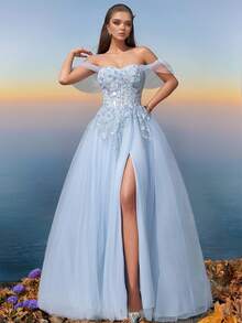 VIPGIRL 女士浅蓝色露肩刺绣薄纱礼服、高开叉晚礼服、长款舞会礼服、梦幻优雅派对礼服、婚礼宾客礼服 - 薄荷藍 - 查看 5