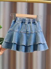 Tween Girls' Summer Versatile Denim Mini Skirt, Fashionable For Summer