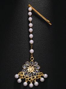 1pc Floral Headchain Pearl Forehead Chain Boho Style Rhinestone Maang Tikka Bridal Headpiece Hair Chain Head Jewelry Head Pieces Jewelry Hair Jewelry Hair Vine Chain - Gold - View 6