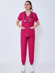 (Four-Piece Set) Scrubs Uniform Women's Running Matte Elastic Sports Nurse  Uniform Wash Clothes Work Clothes Breathable Scrub Shirt - 綠色 - 查看 6