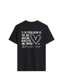 1 pezzo Top da donna a maniche corte oversize con scollo rotondo, 100% cotone, con stampa grafica a forma di cuore con lettere inglesi sul retro, ideale per viaggi, brunch, feste, primavera, estate e abbigliamento casual quotidiano. - nero - Visualizzare 5