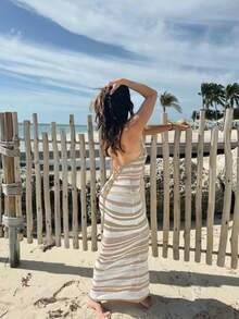 Vivid Style 性感镂空无袖修身条纹针织沙滩裙，适合夏季度假、圣诞节、新年等场合。 - 咖啡棕 - 查看 3