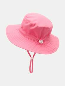 2 件儿童纯色和图案印花可调节防紫外线透气休闲渔夫帽，适合户外活动和日常穿着 - 深粉+淺粉 - 查看 3