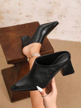 复古风格女士粗跟浅口鞋，深 V 休闲办公室工作鞋，百搭春秋