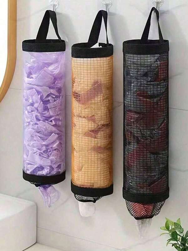 2 piezas Bolsa colgante de almacenamiento de bolsas de basura, bolsa de almacenamiento de zapatos de cordón montada en la pared, organizador de bolsas de plástico de cocina, bolsa de malla tejida, soporte para bolsas de plástico con red colgante de almacenamiento y útiles escolares, organizador para estudiantes universitarios de vuelta al cole