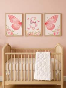 3pcs Frameless Personalized Custom Name Wall Art, Elegant Butterfly And Floral Design Canvas Prints, Customizable Kids Room Decor, Nursery Art, Aesthetic Pink Wall Posters, Unique Gift For Girls, Perfect For Birthdays,Multi-Functional,Ornamental,Letter,Stylish,Modern,Colorful,Cute,Adorable,Casual,Custom,Personalised,Unique,Customized,Ideal Gifts For Him,Ideal Gifts For Her