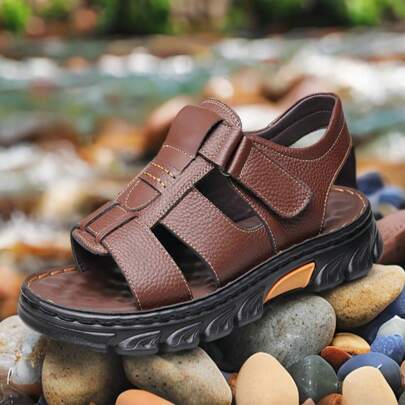Men's Sandals Adjustable Solid Color Shoes Summer Casual Comfort With Durable Rubber Sole, Breathable PU For Outdoor Walking