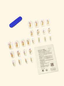 24pcs/Set Medium-Long Countryside Floral Pearl Rhinestone Press-On Nail Art Stickers, Detachable Manicure Set - Baby Pink - View 2